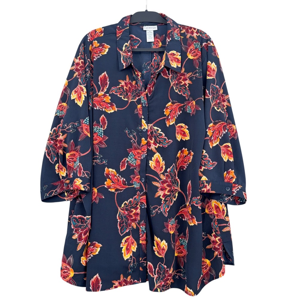 Catherines Button Down Tunic Women 2X 22/24W Polyester Spandex Floral Navy Blue